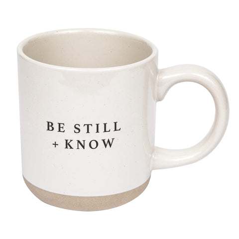 Sweet Water Decor Be Still and Know mug with scripture on the left, ideal for devotional coffee moments.