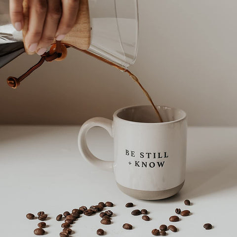 Sweet Water Decor Be Still and Know mug with scripture on the right, uplifting daily reflection.