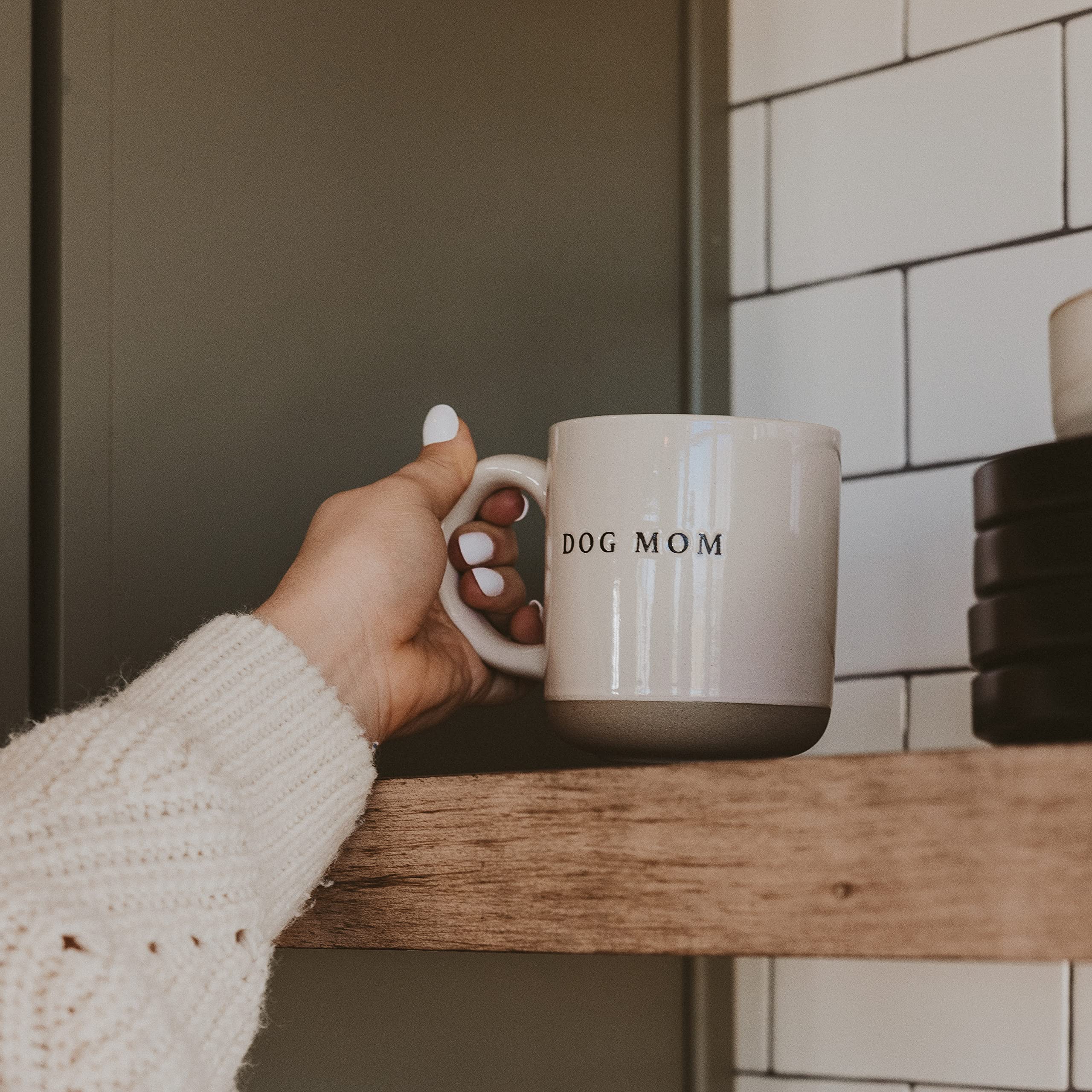 Sweet Water Decor Dog Mom mug on desk, cozy workspace accessory.