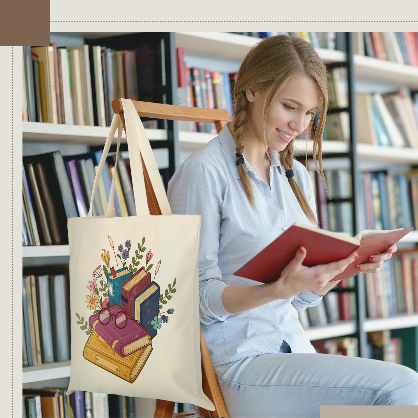 Sweetude book lovers tote design 3 provides inner pocket and secure zipper.