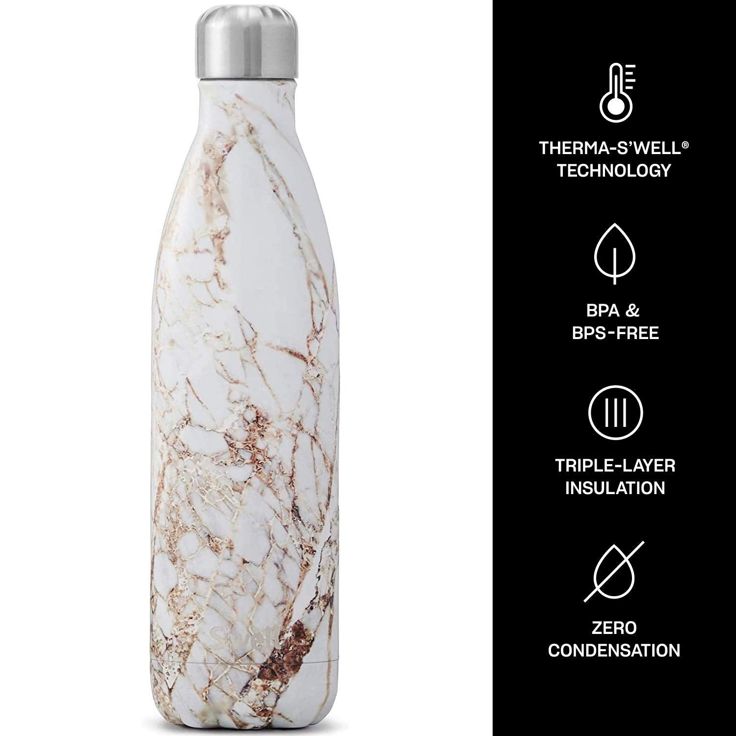S'well Calacatta Gold 25oz bottle insulation detail highlights triple-layer protection