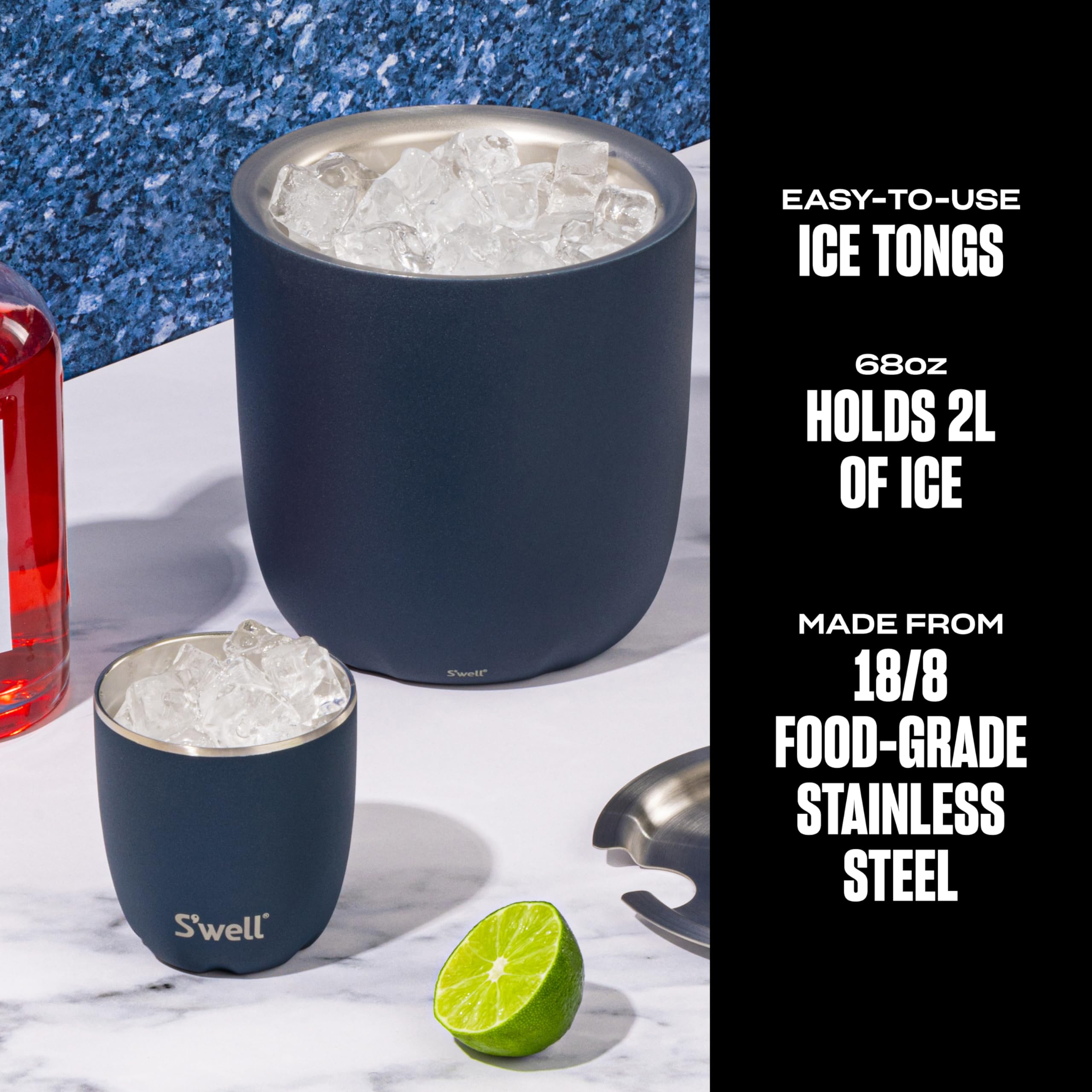 S'well Ice Bucket with Tongs Azurite for easy ice grabbing.