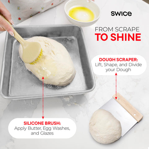 Swice dough scraper with wooden edge for clean dough transfer.
