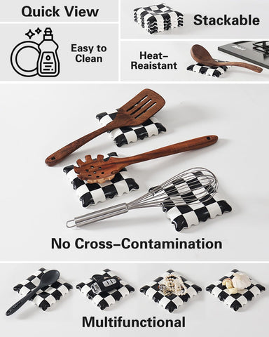 Swicken spoon rest on kitchen counter, durable ceramic that resists odors.