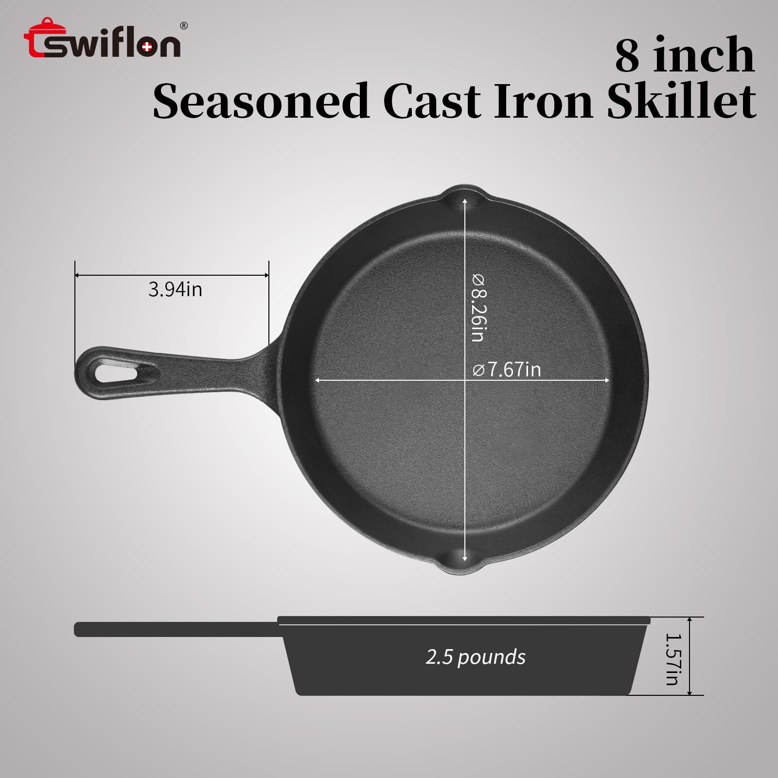 Swiflon 8-inch cast iron skillet highlights heat retention for steady cooking.