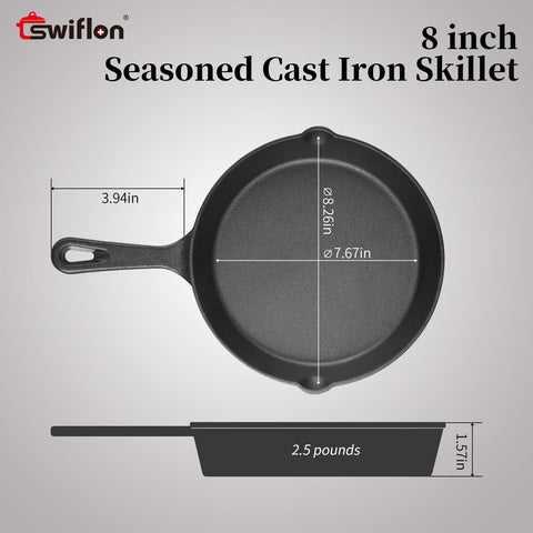 Swiflon 8-inch cast iron skillet highlights heat retention for steady cooking.