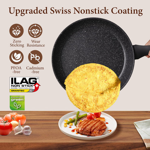 Swiflon healthy stone cookware with a 4mm base for even heating.