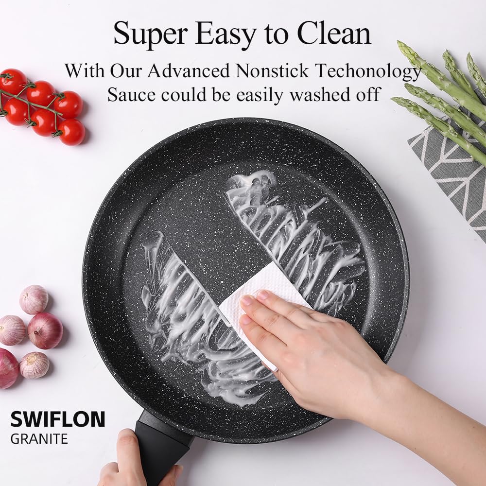 Swiflon heat-resistant Bakelite handle stays cool for safe cooking.