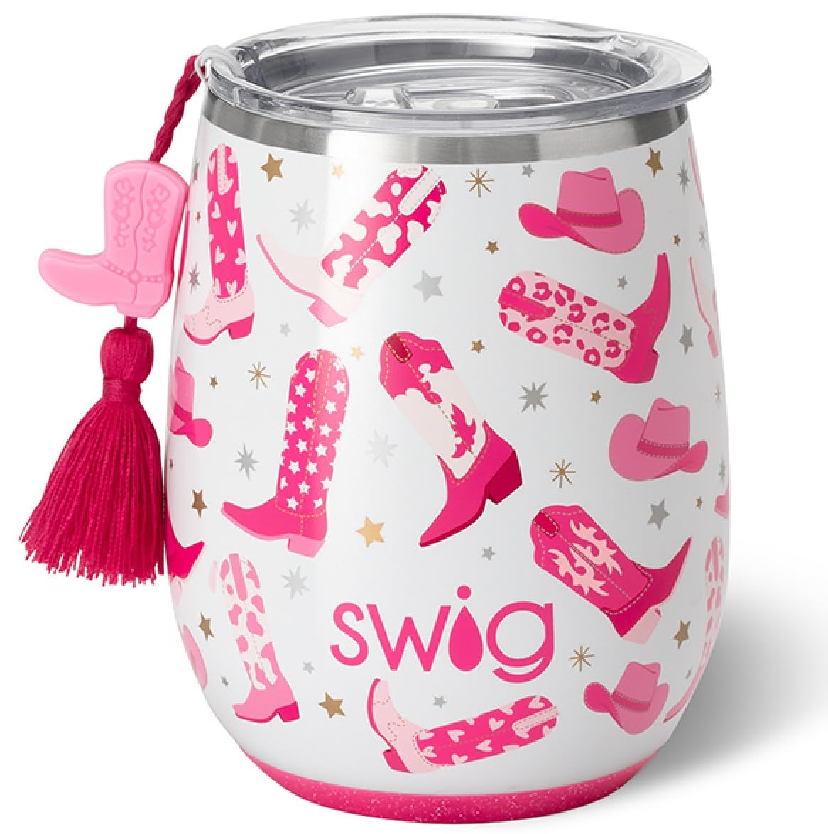 Swig Life 14oz stemless wine cup with lid keeps wine cool on the go.