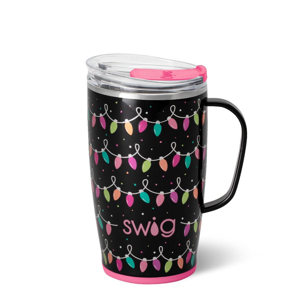 Swig Life 18oz travel mug with handle and lid for easy one-handed sipping.