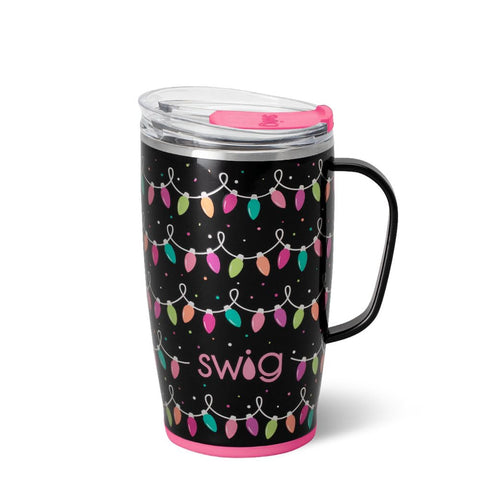 Swig Life 18oz travel mug with handle and lid for easy one-handed sipping.