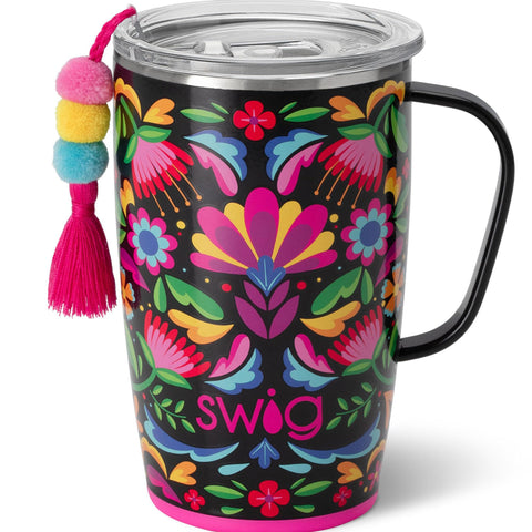 Swig Life 18oz travel mug with handle for easy carrying on the go.