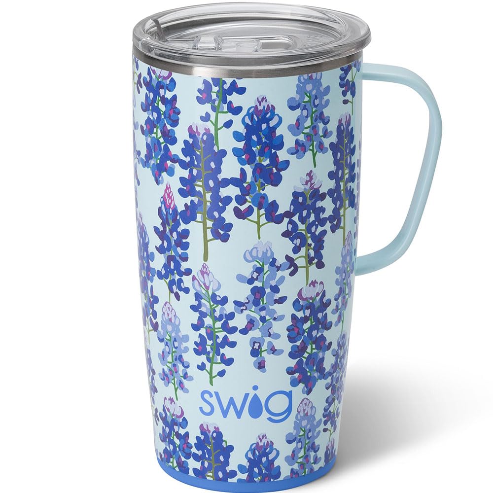 Swig Life 22oz travel mug with handle and lid in bluebonnet keeps drinks hot or cold.