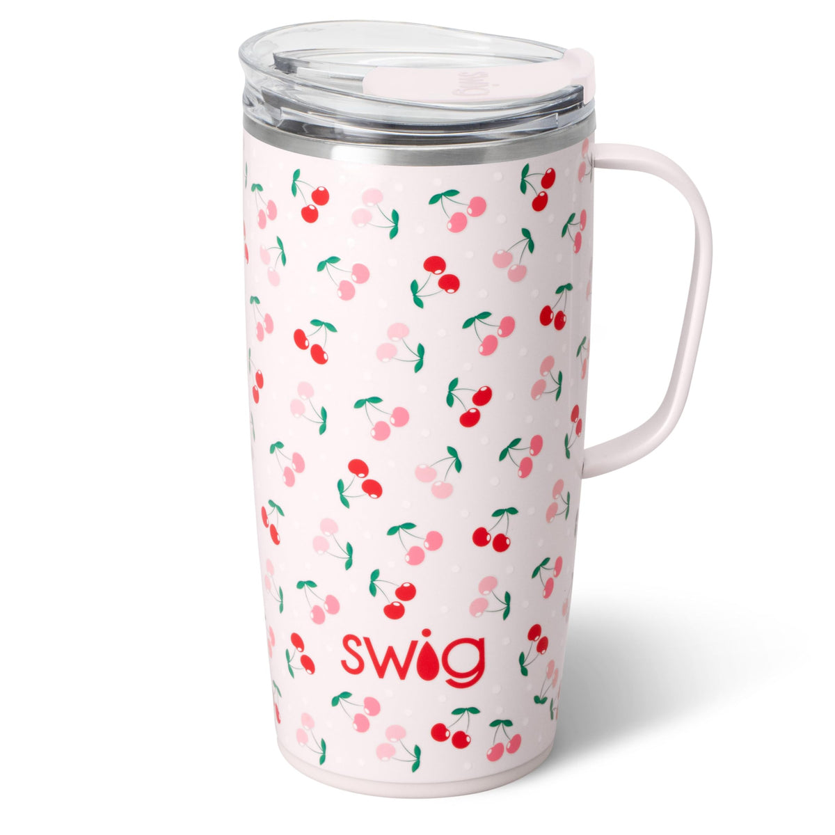Swig Life 22oz travel mug with handle and lid in Cherry Pie for spill-free sipping.
