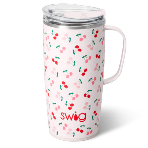 Swig Life 22oz travel mug with handle and lid in Cherry Pie for spill-free sipping.