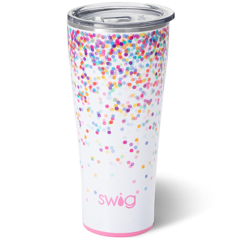Swig Life 32oz tumbler with lid keeps drinks secure on the go.