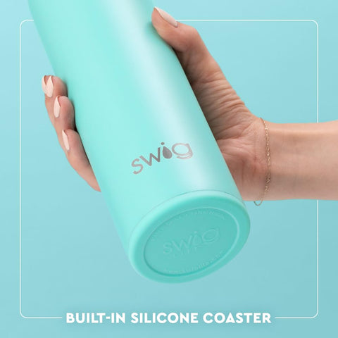 Swig Life coaster-base bottle prevents slips and drips on surfaces.