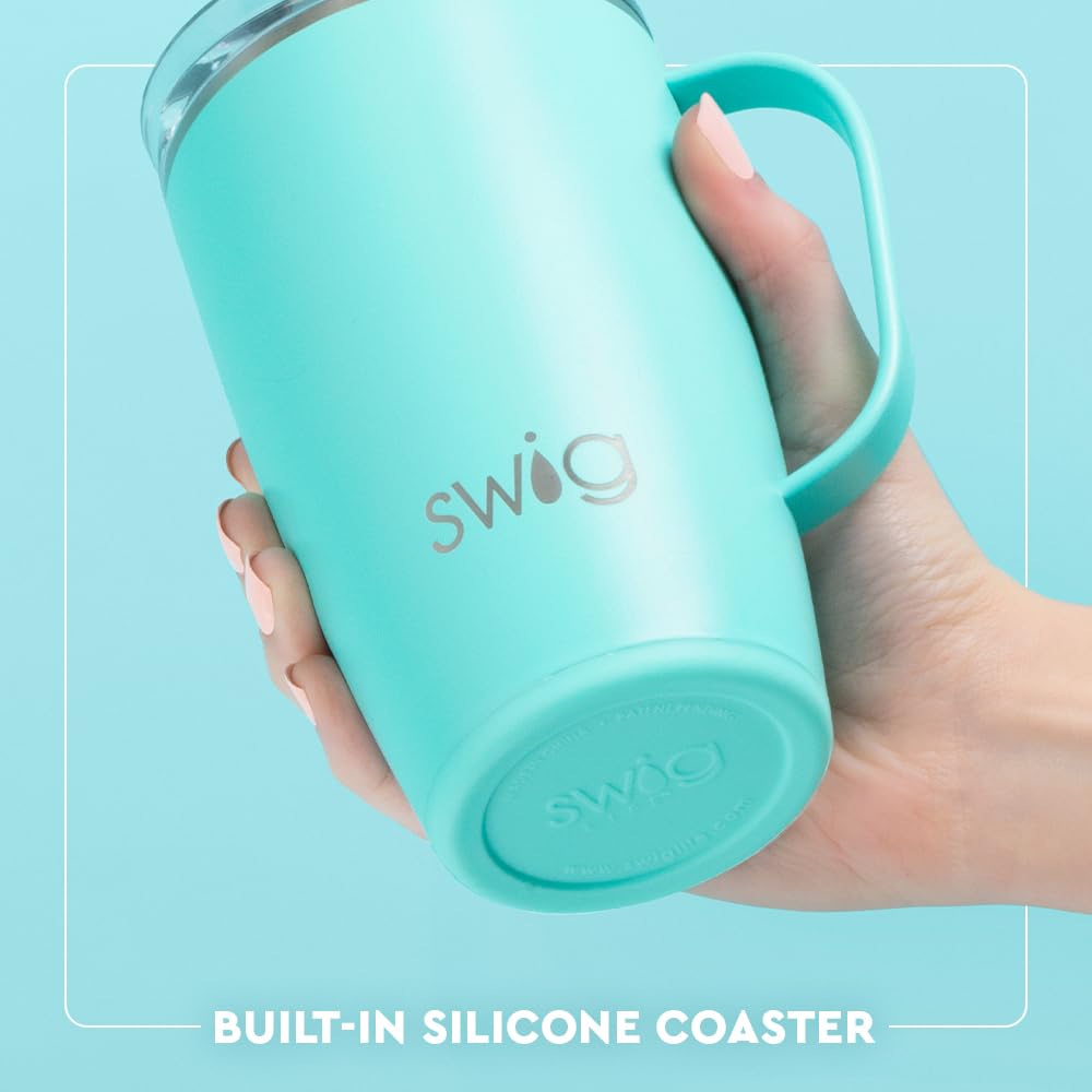 Coaster-base tumbler minimizes slips and drips on surfaces.