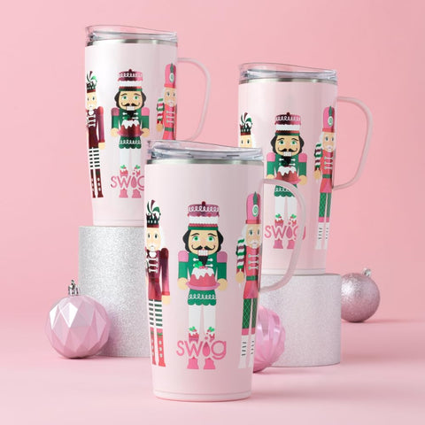 Swig Life 22oz tumbler with Nutcracker design, slider lid, spill-resistant, ideal for daily use.