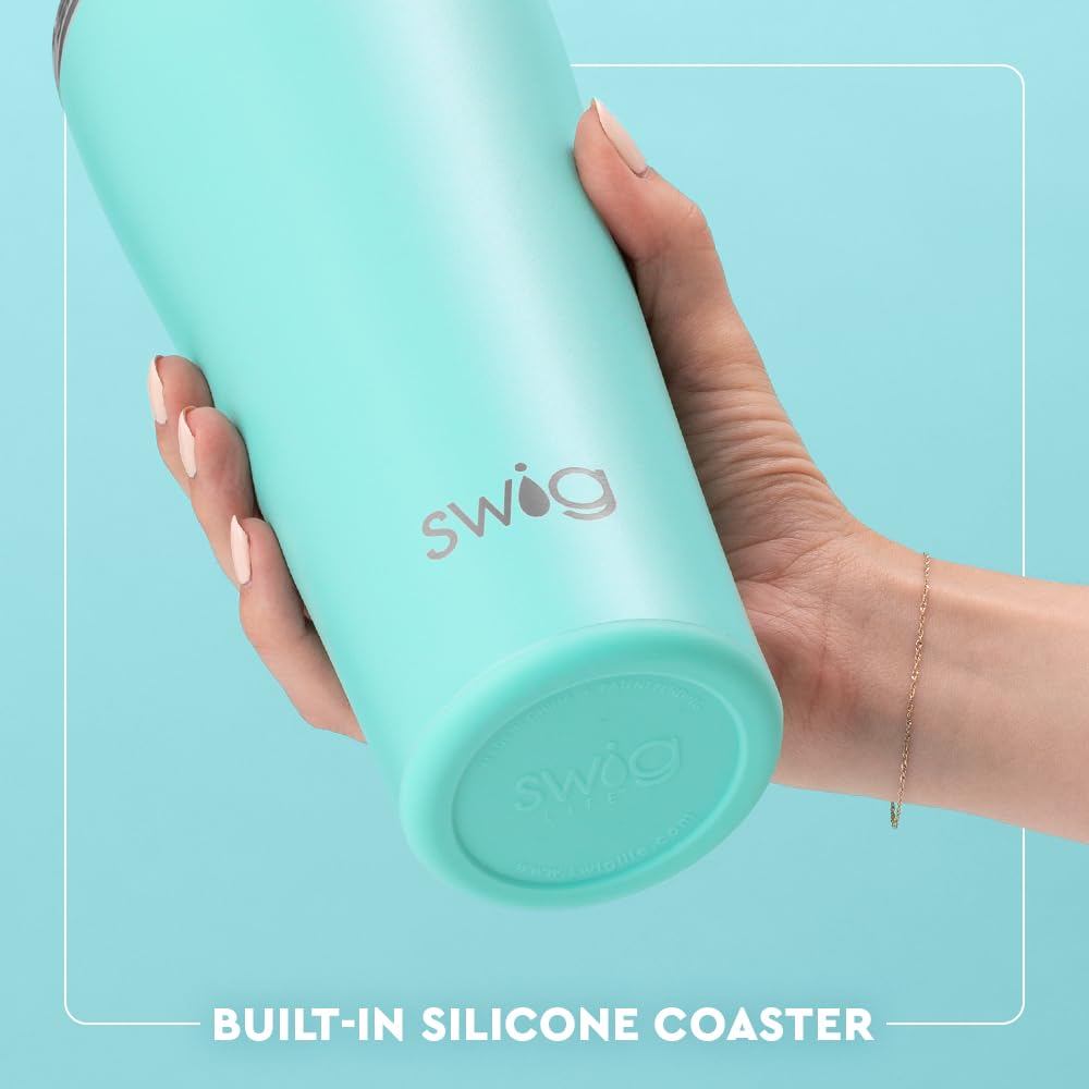 Swig Life tumbler's built-in coaster base prevents slips and drips.