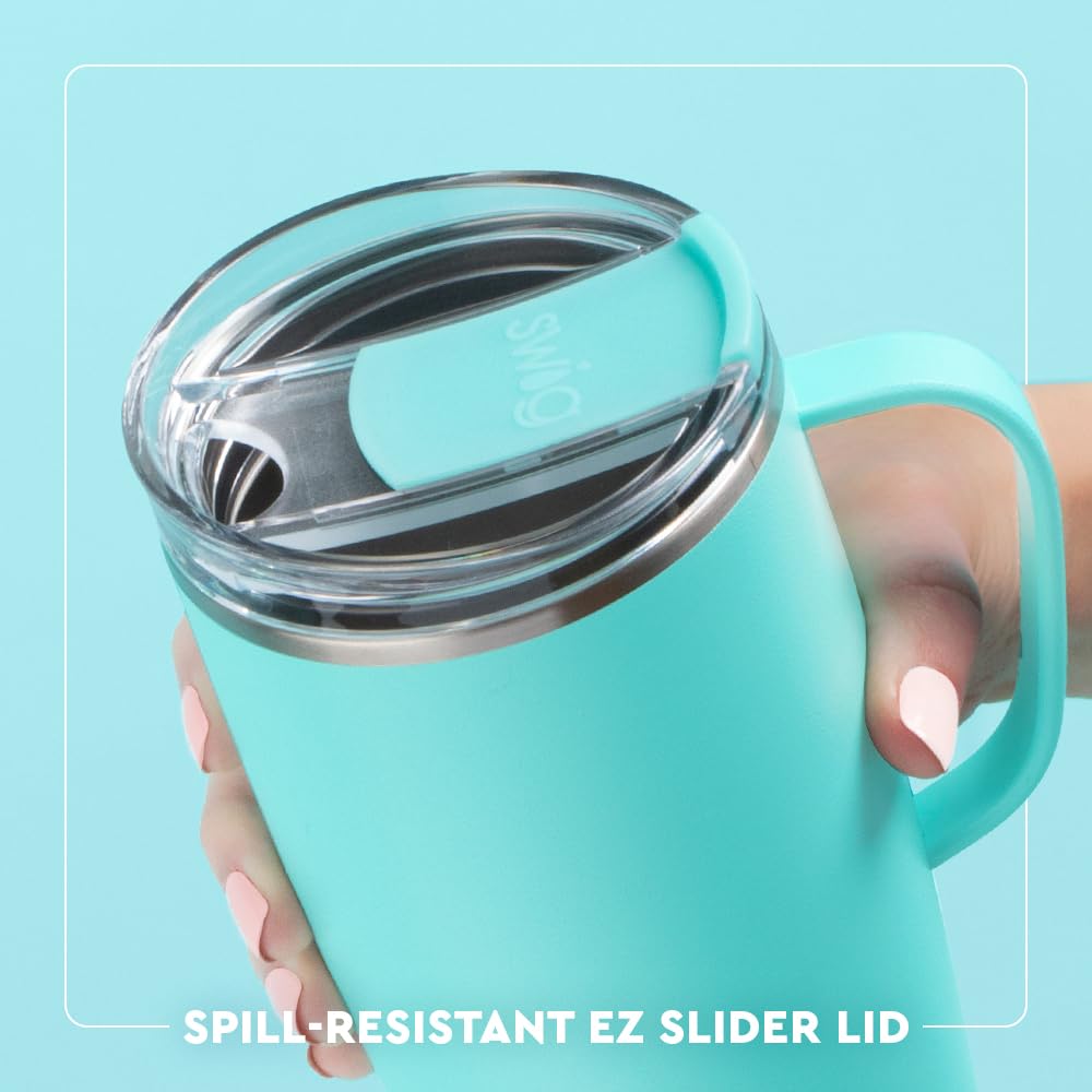 Tumbler with handle and large lid enables easy sipping.
