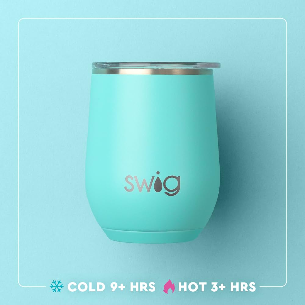 Swig Life stainless steel 12oz tumbler preserves cold or hot drinks during trips.