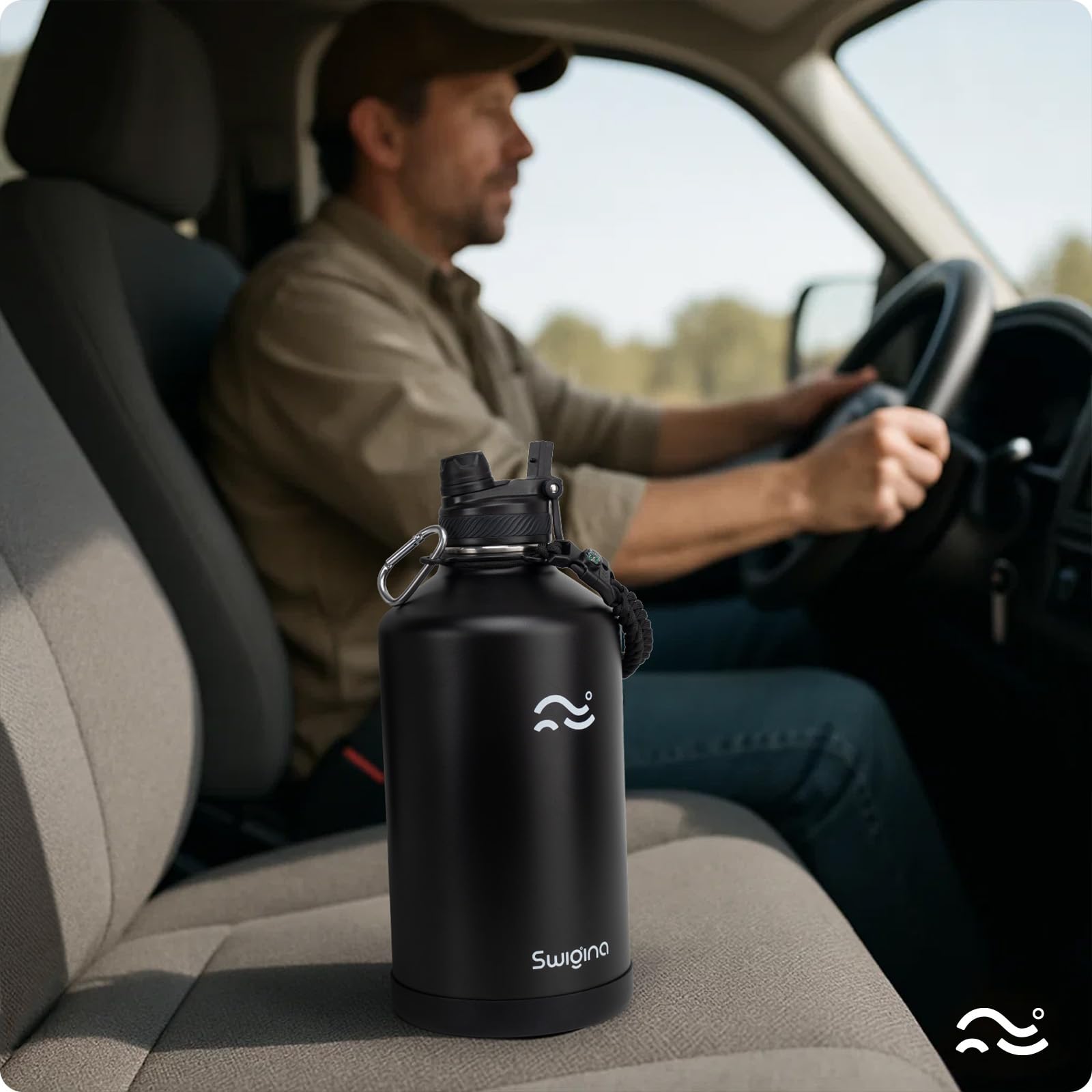 Swigina 128 oz gallon bottle highlighting expansive capacity for long days and workouts