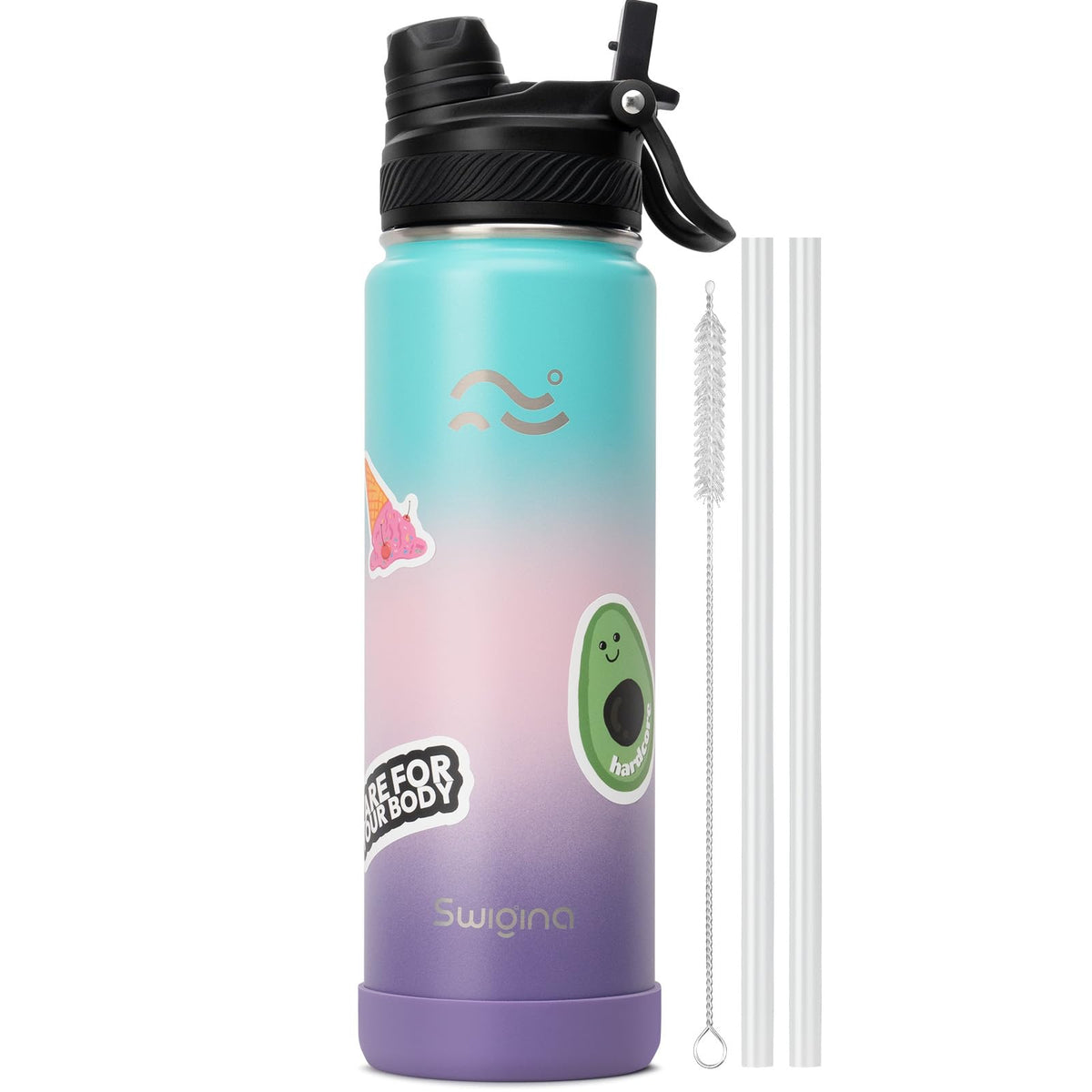 Swigina bottle with 2-in-1 lid for versatile sipping on the go.