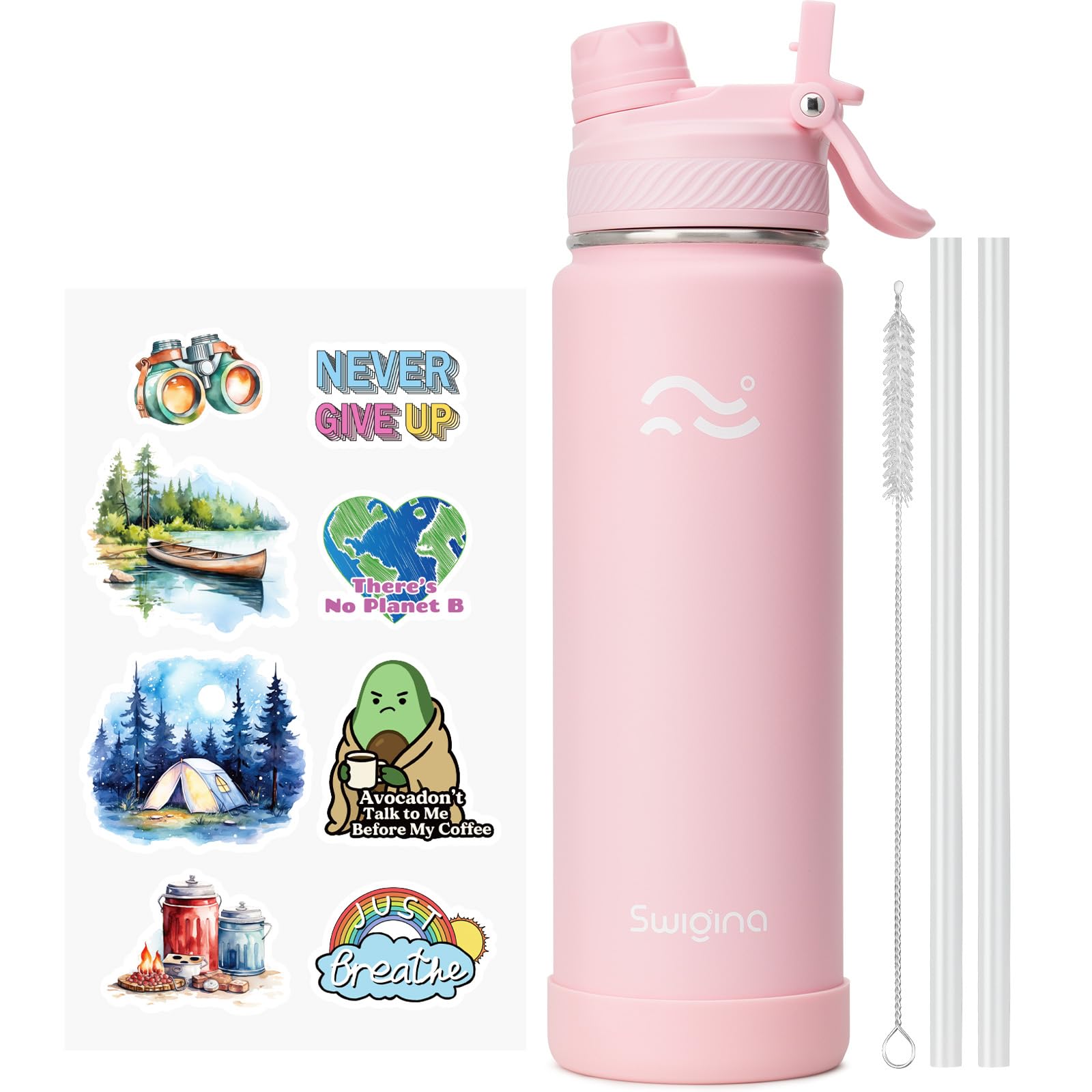Swigina bottle with 2-in-1 lid, showing sip and wide-mouth options for on-the-go use.