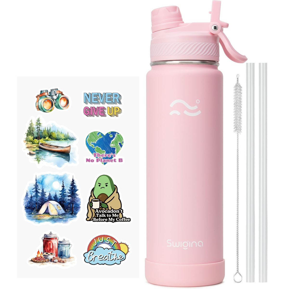 Swigina bottle with 2-in-1 lid, showing sip and wide-mouth options for on-the-go use.