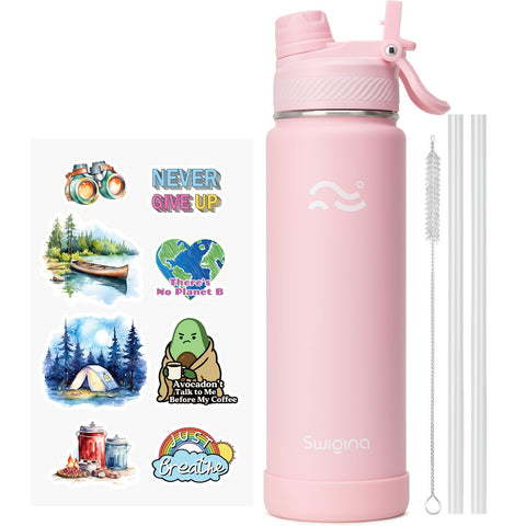 Swigina bottle with 2-in-1 lid, showing sip and wide-mouth options for on-the-go use.