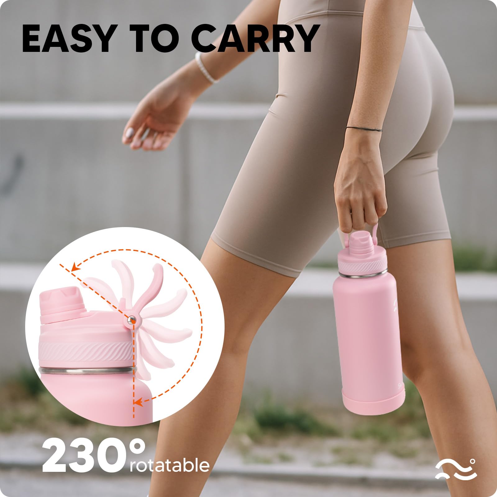 Swigina leak-proof cap with carabiner for secure transport.