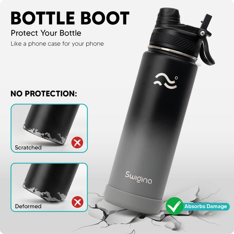 Swigina BPA-free stainless steel lid area highlights safe materials and leak protection.