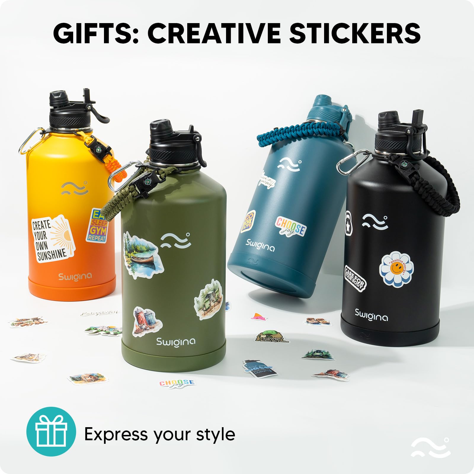 Swigina bottle featuring leak-proof lid and carabiner for secure travel