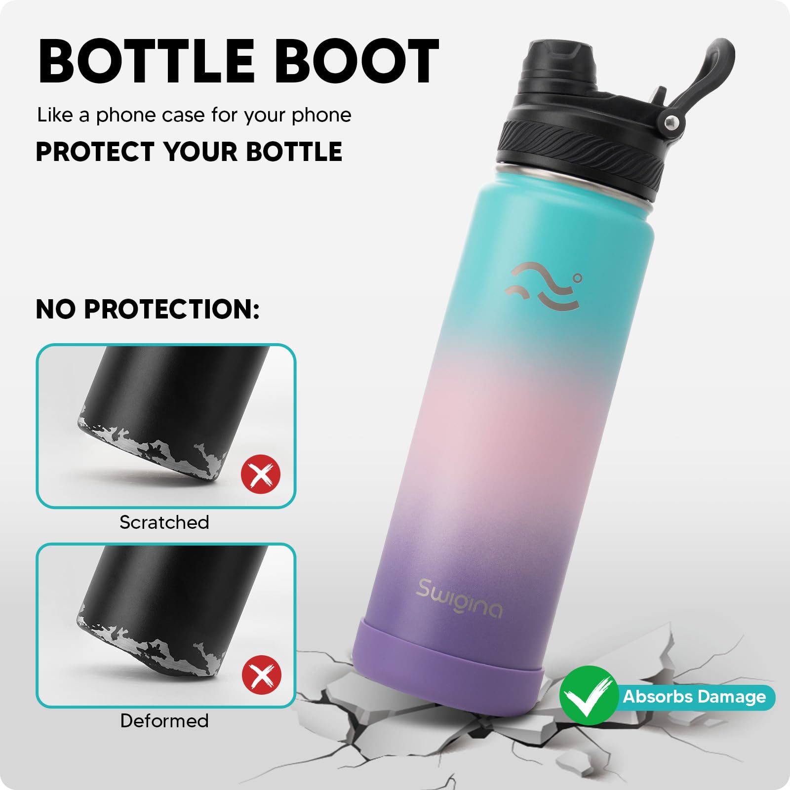 Swigina bottle wearing silicone boot for added protection and grip.