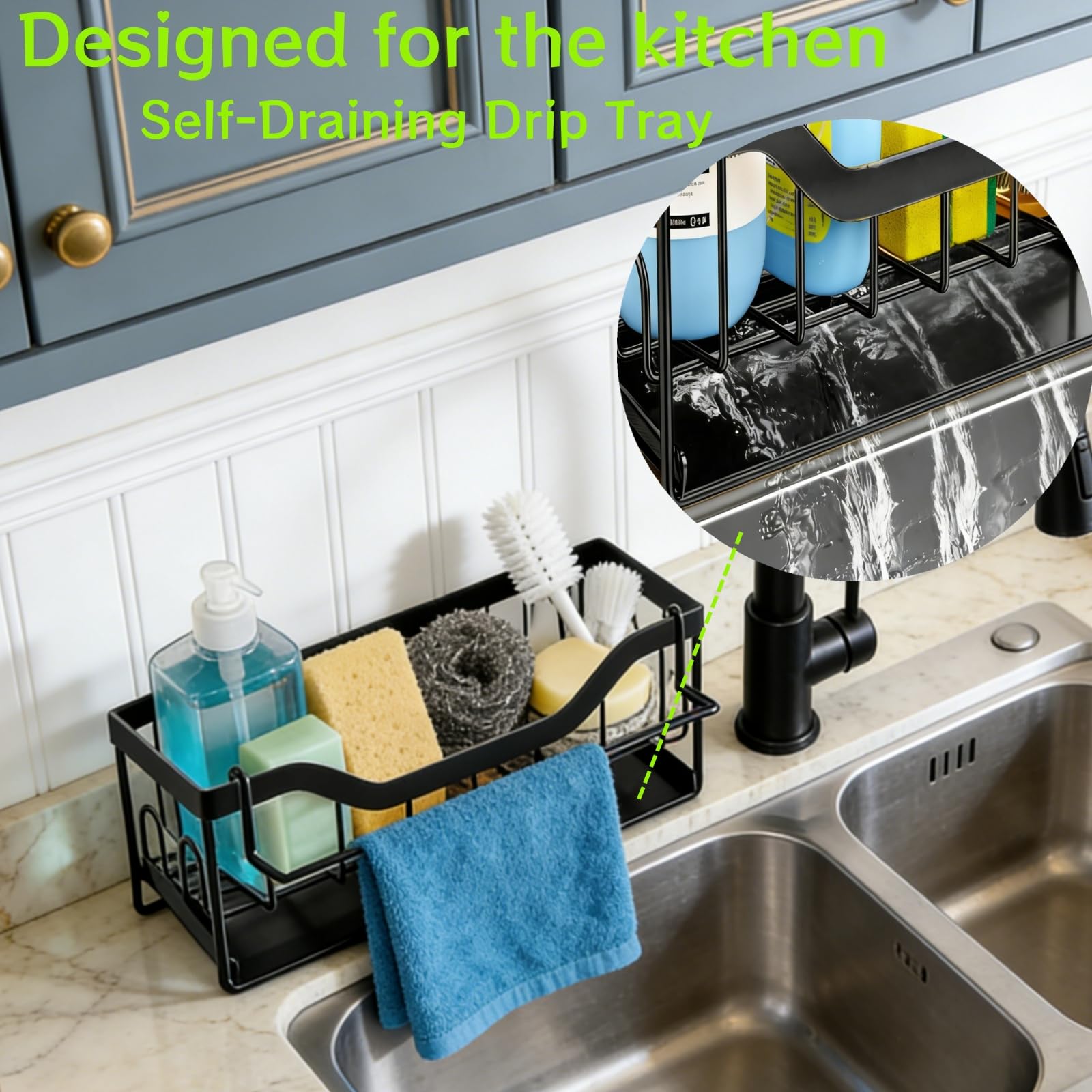 SWILLE sink caddy with detachable towel rack provides towel access.