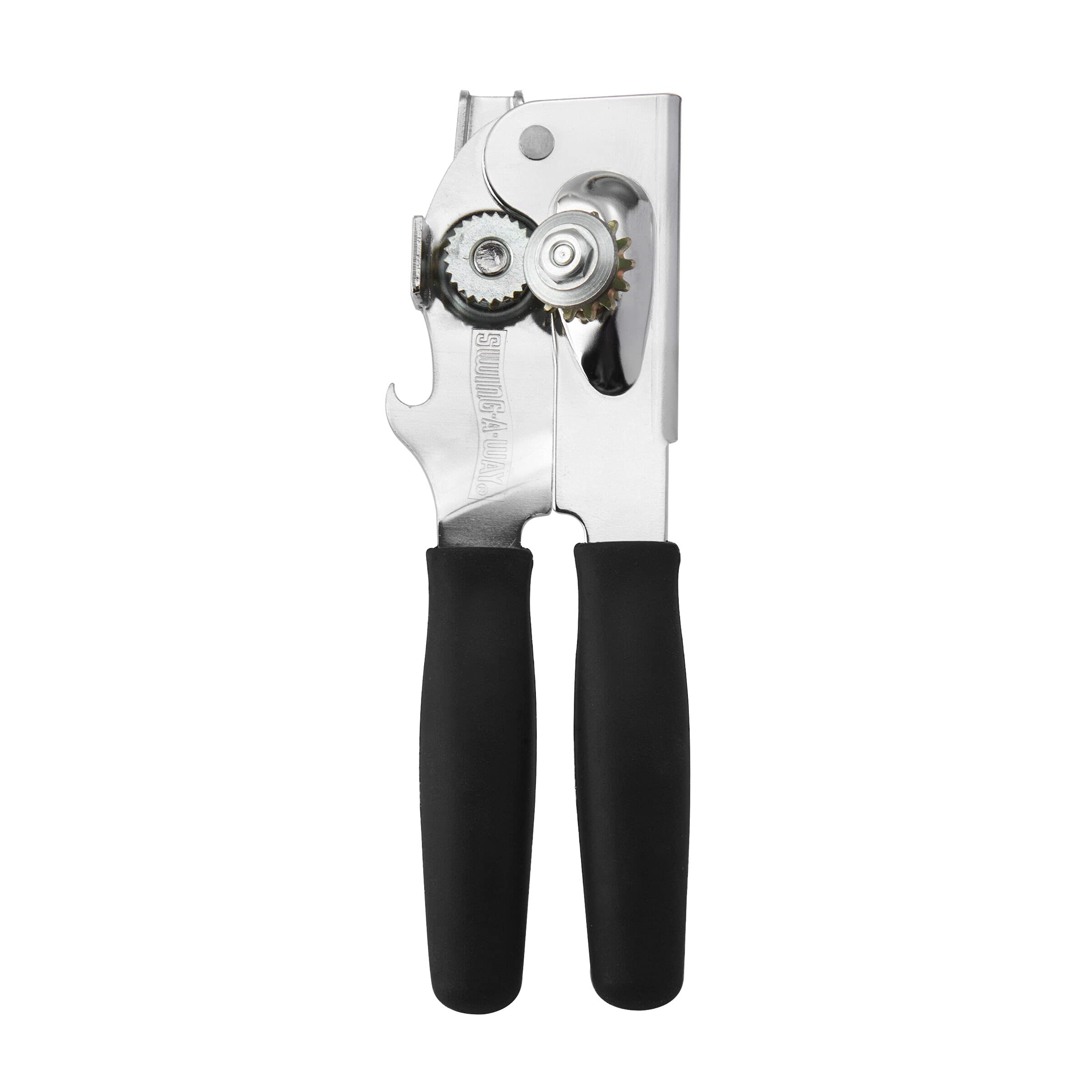 Swing-A-Way Comfort Grip Can Opener shows ergonomic hand grip for easier use.