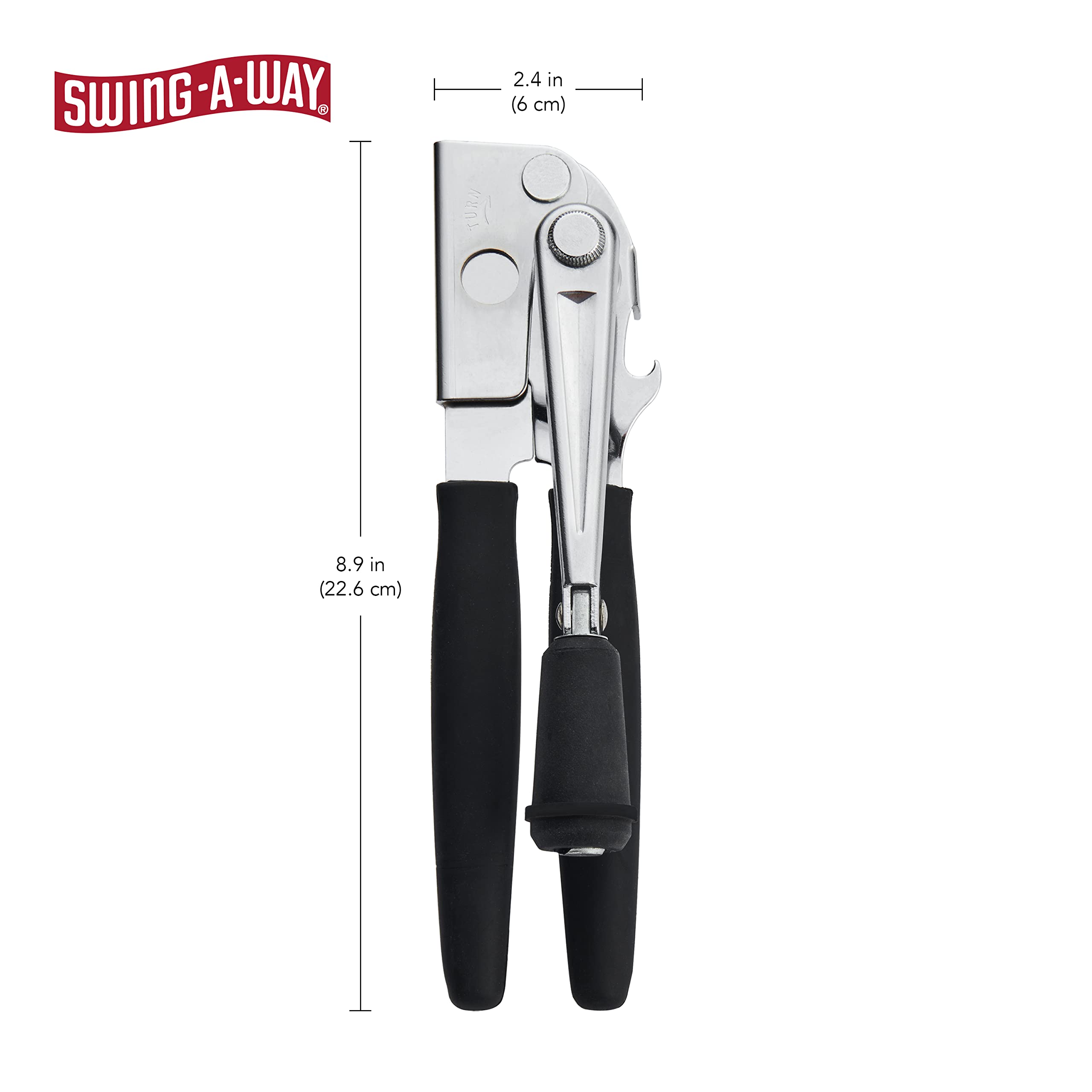 Swing-A-Way can opener with all-steel construction offers lasting durability.
