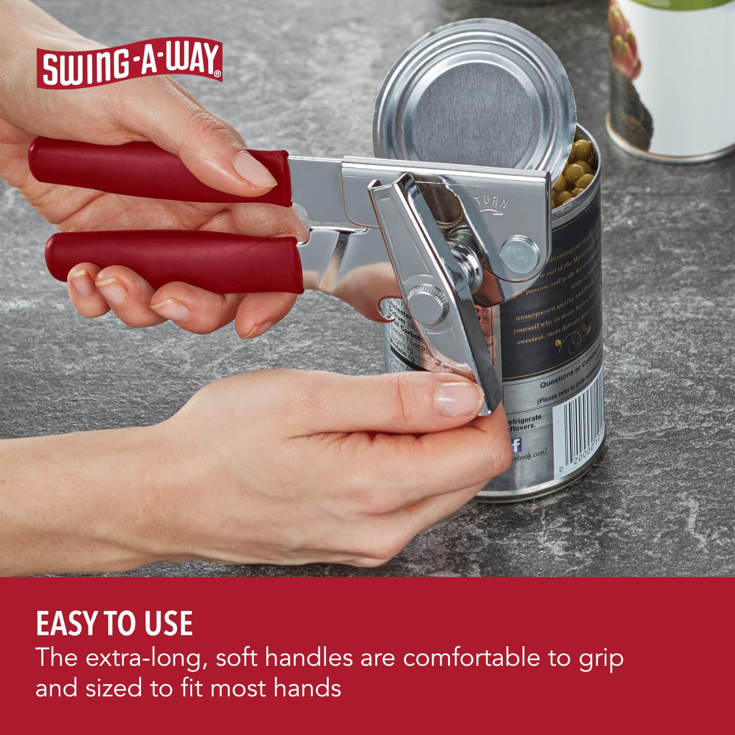 Swing-A-Way opener highlighting smooth-turn knob and cutting wheel for effortless cutting.