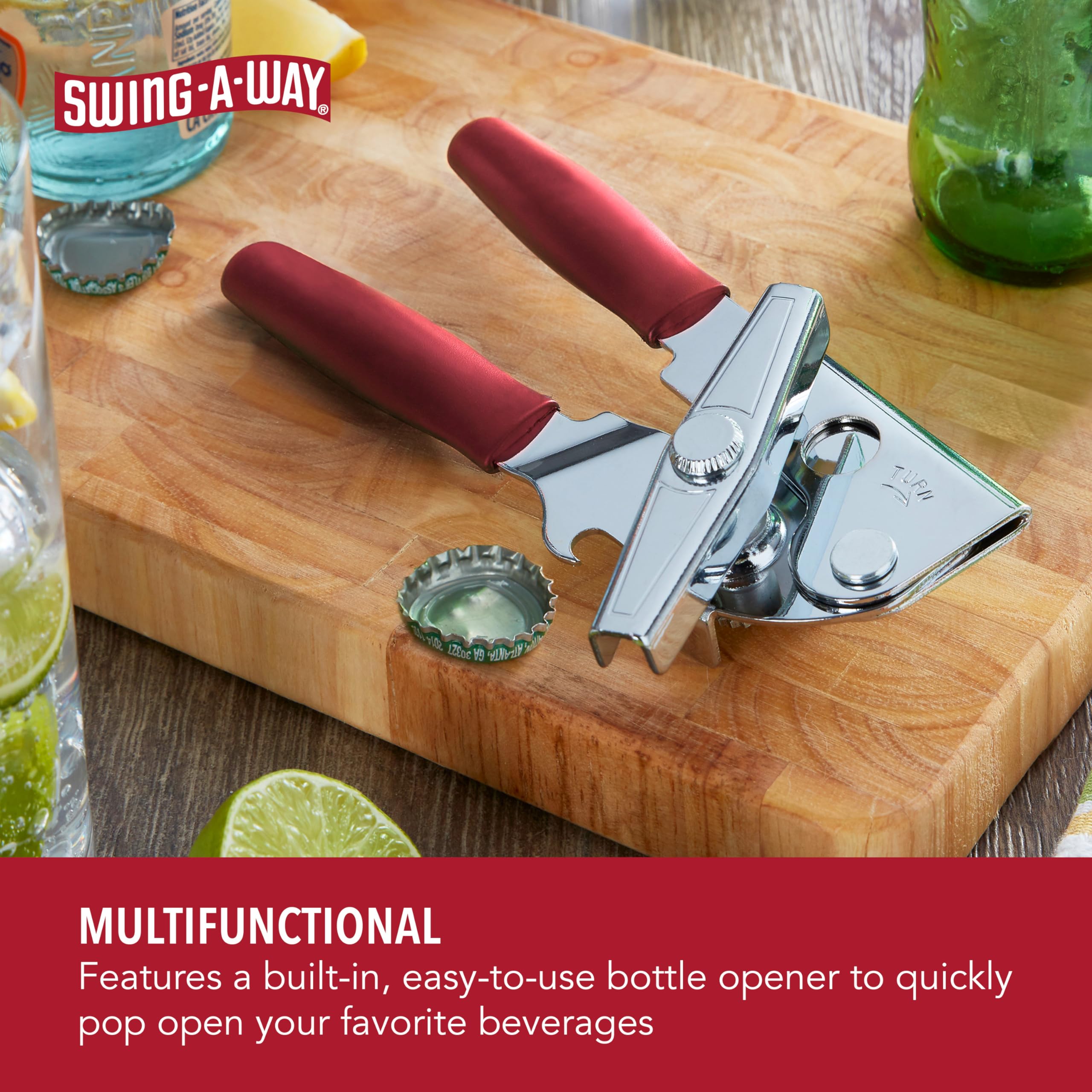 Swing-A-Way 2-in-1 can and bottle opener for versatile opening tasks.