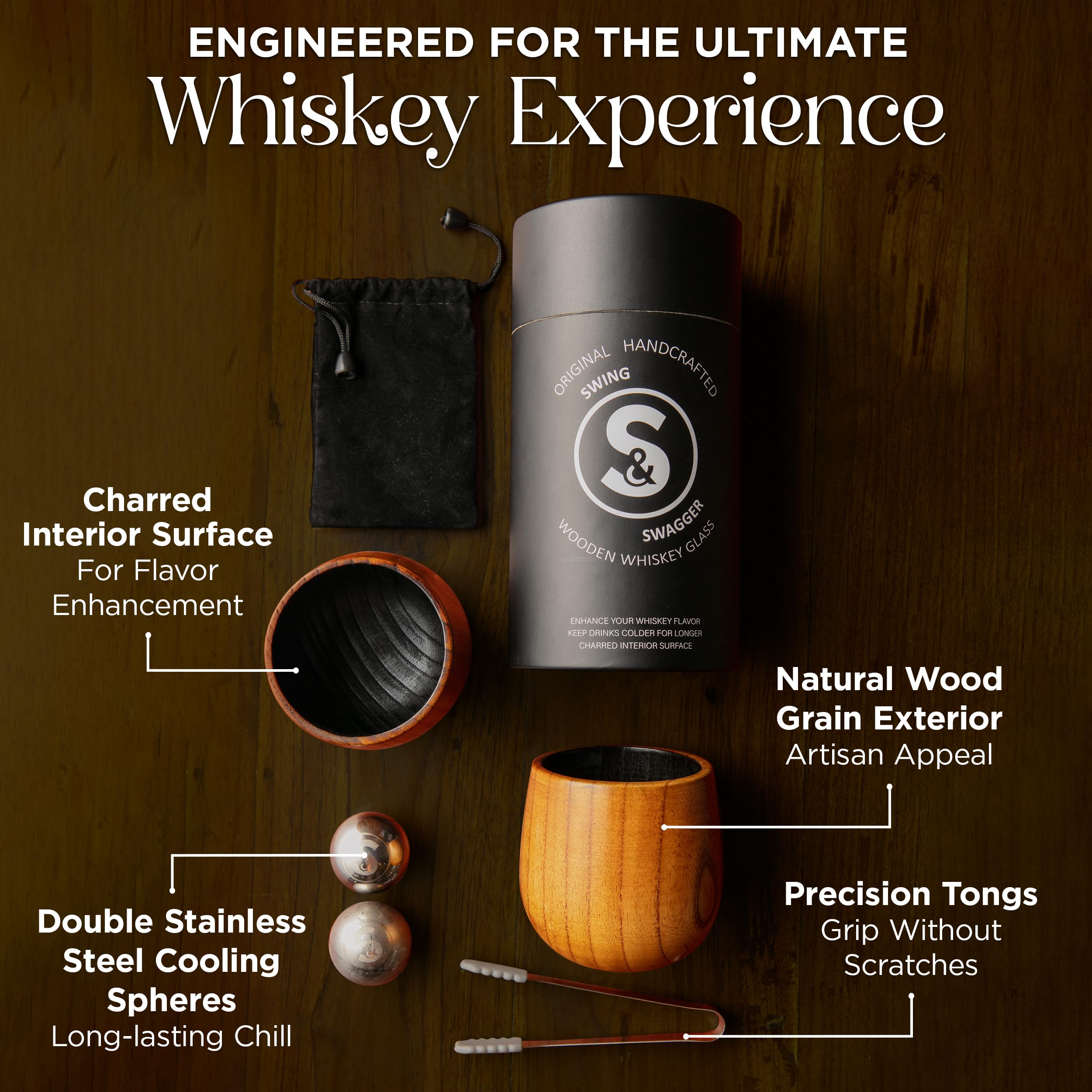 Swing & Swagger charred interior close-up, showcasing grain and handcrafted charm.