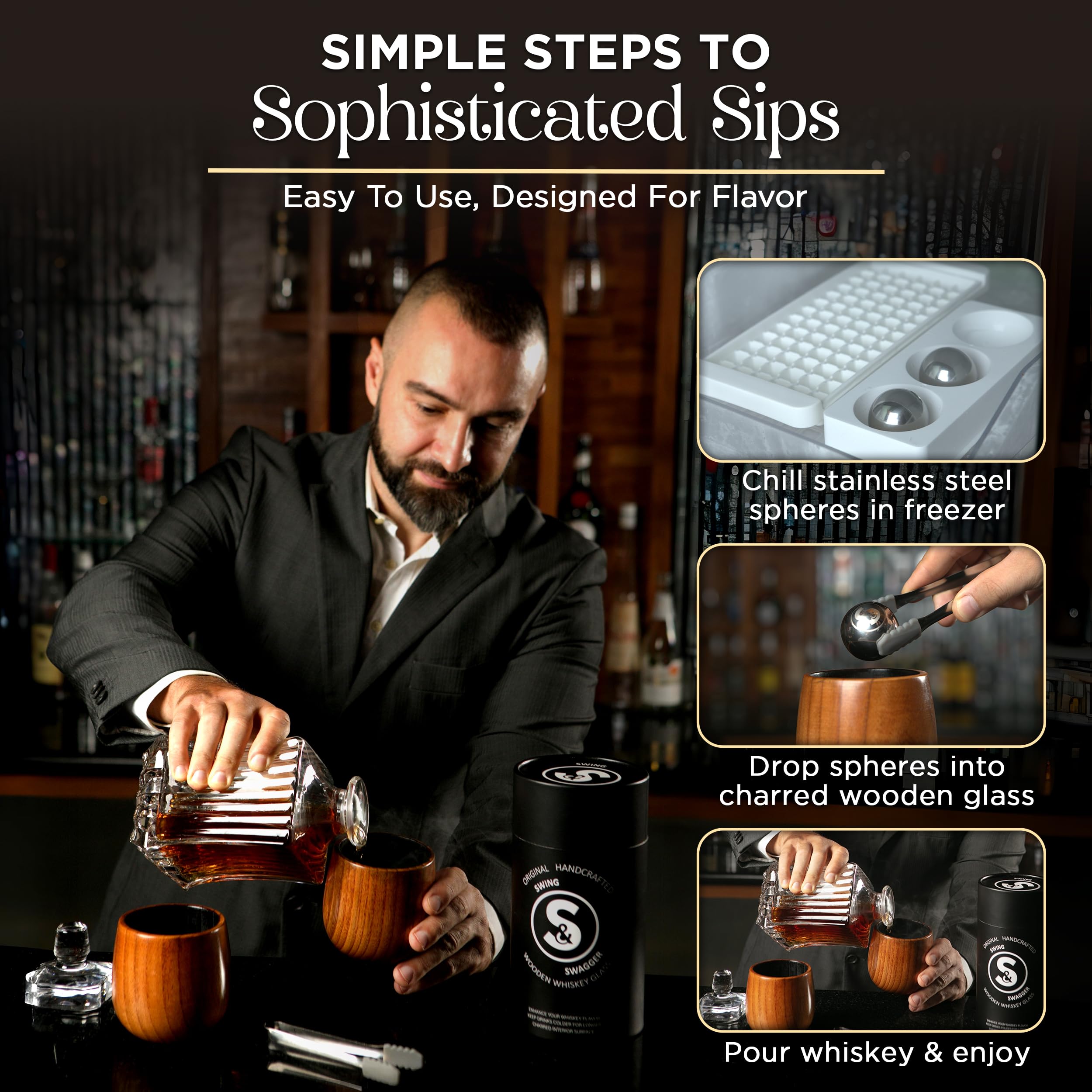 Swing & Swagger whiskey glass tongs with silicone grips, shown with balls for clean handling.