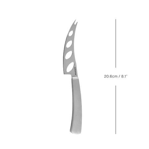 Swissmar Barcelona moist cheese knife anti-stick holes reduce drag for soft cheeses.