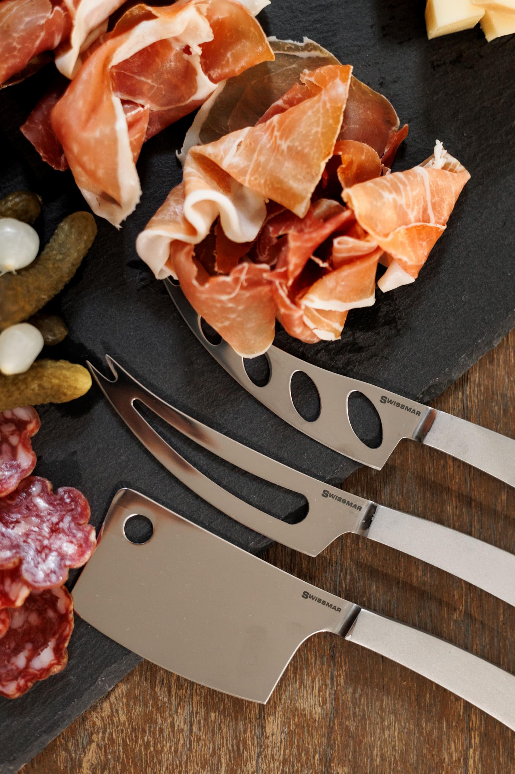 Swissmar Barcelona serving fork tip enables easy portioning without switching tools.