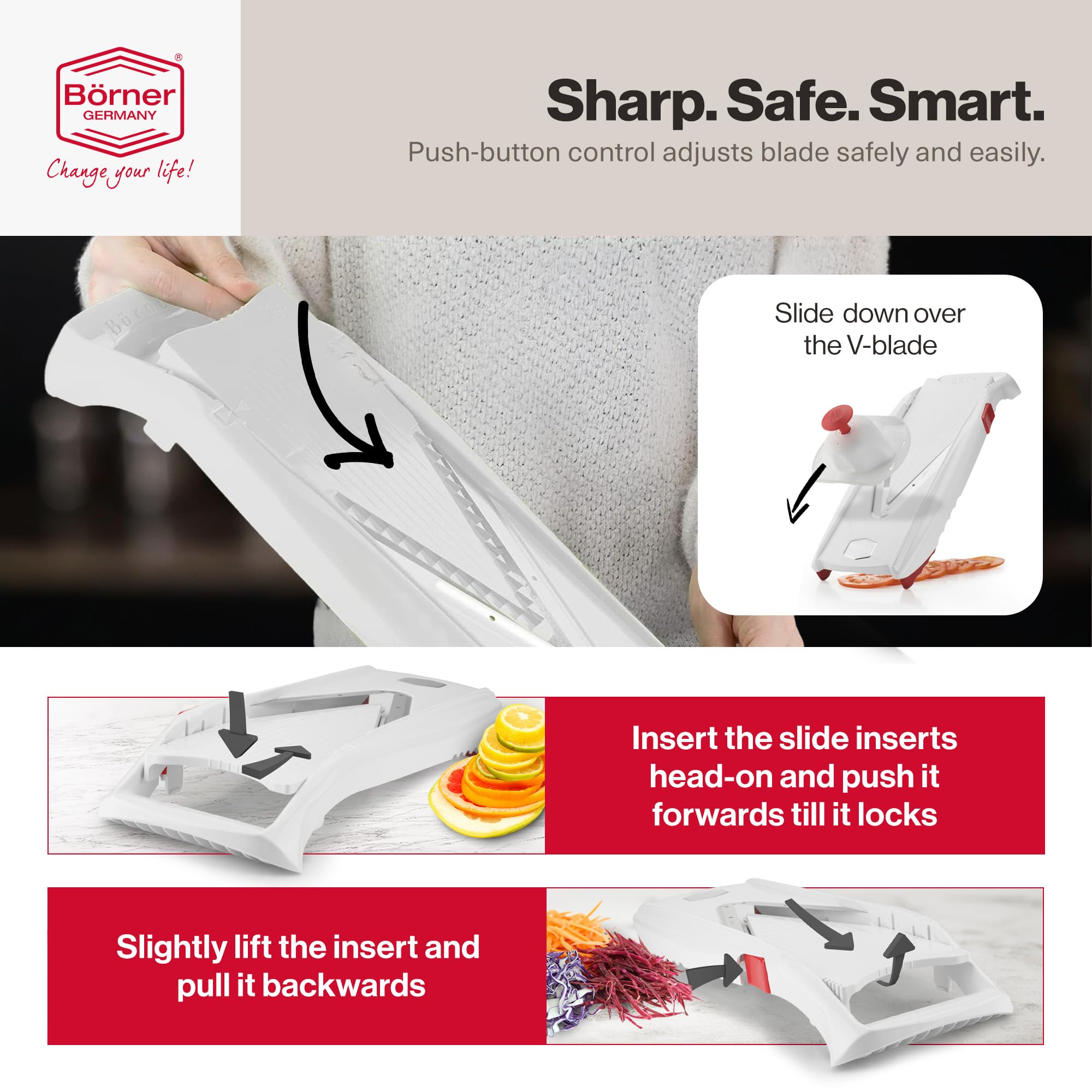 Ambidextrous safety holder on Swissmar Börner VPower V-Slicer protects fingers during prep