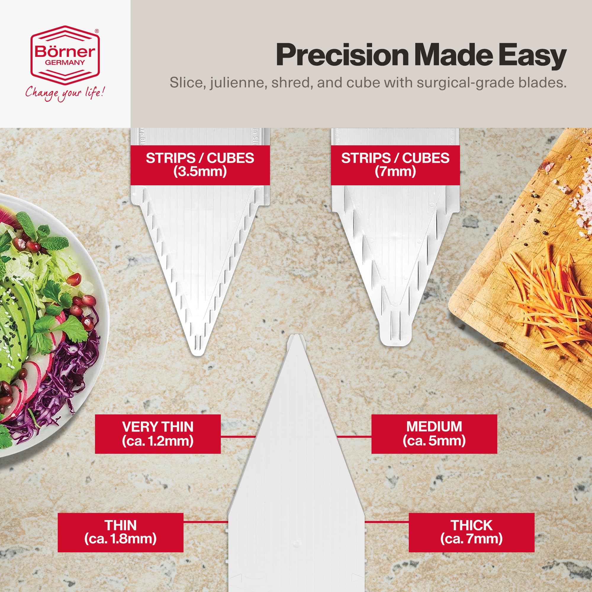 Push-button thickness adjustment on Swissmar Börner VPower V-Slicer for quick size changes