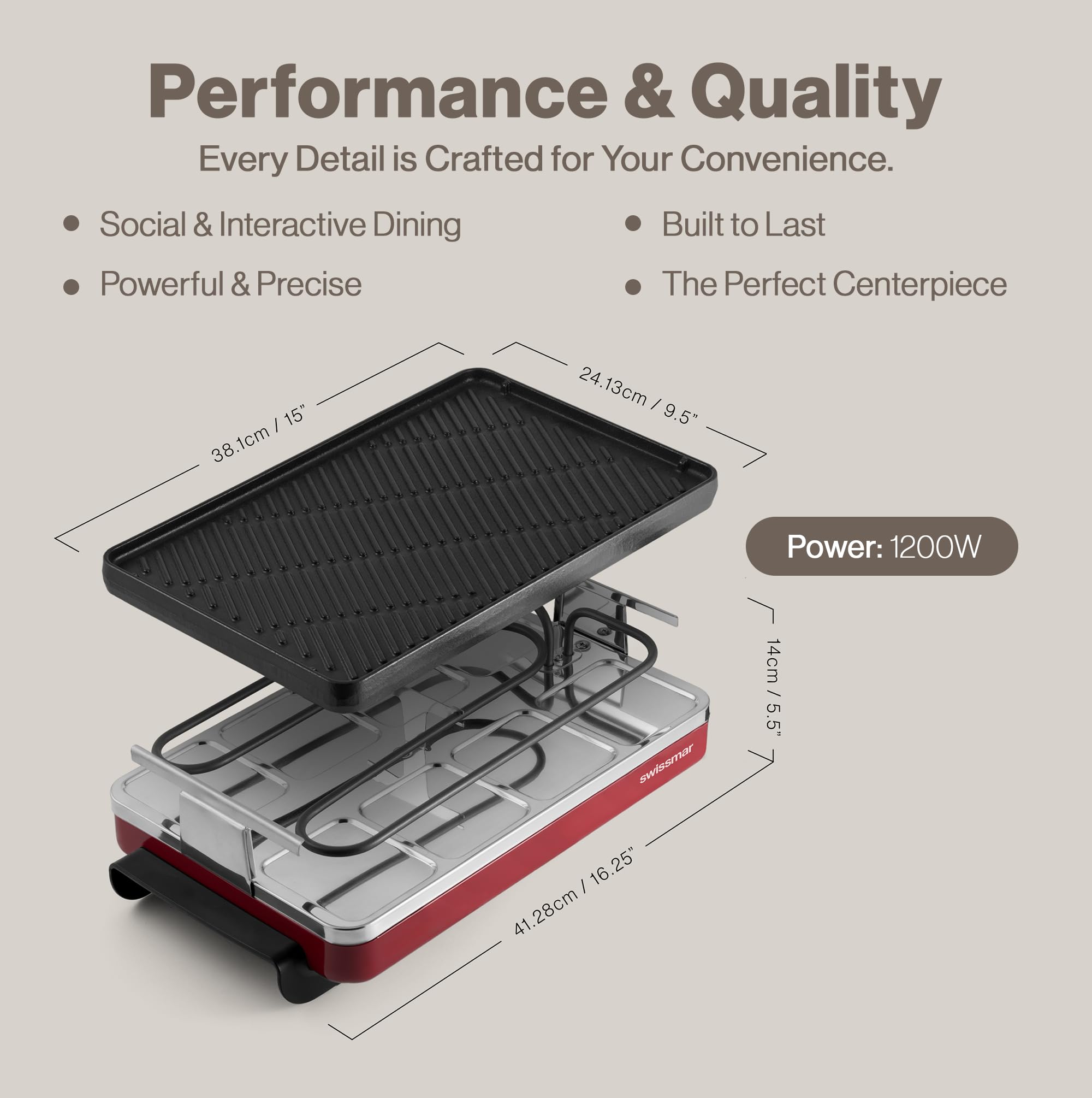 Swissmar variable heat control for precise cooking.
