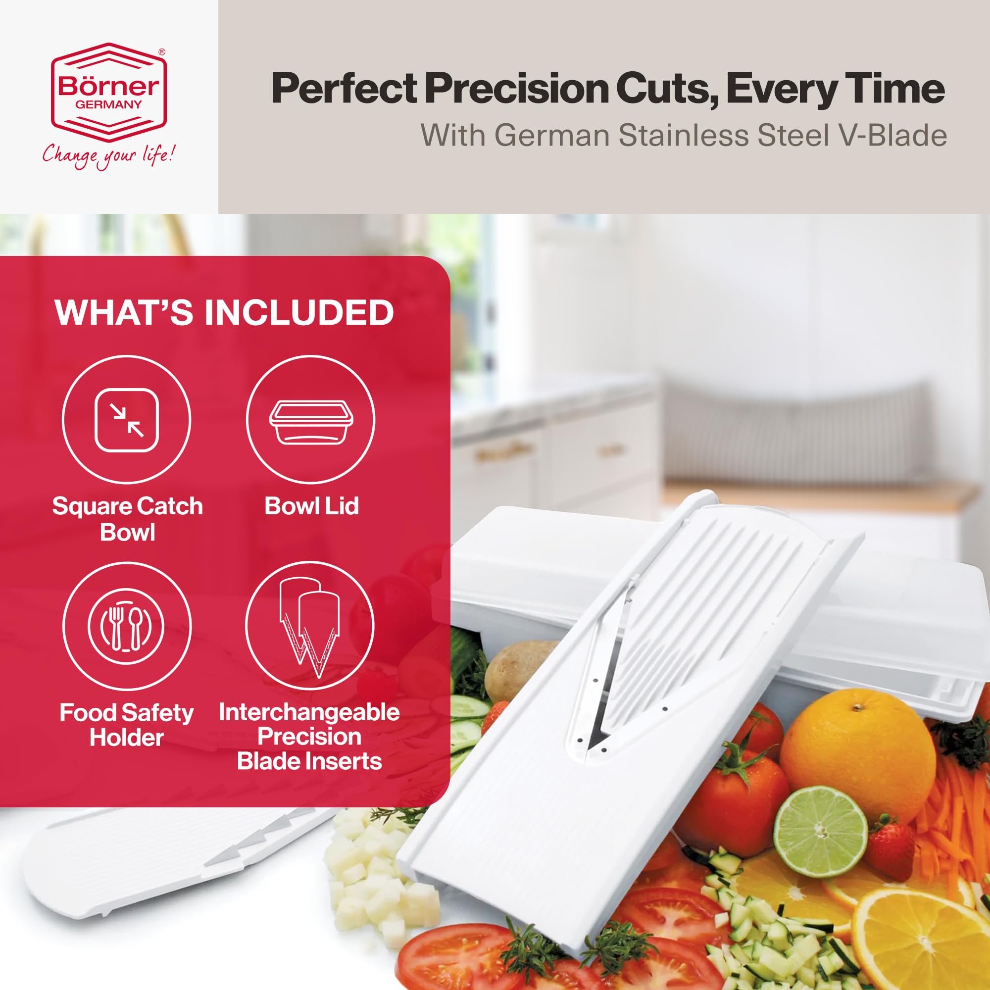 Swissmar V-Prep multi-function bowl with lid keeps prepped ingredients organized