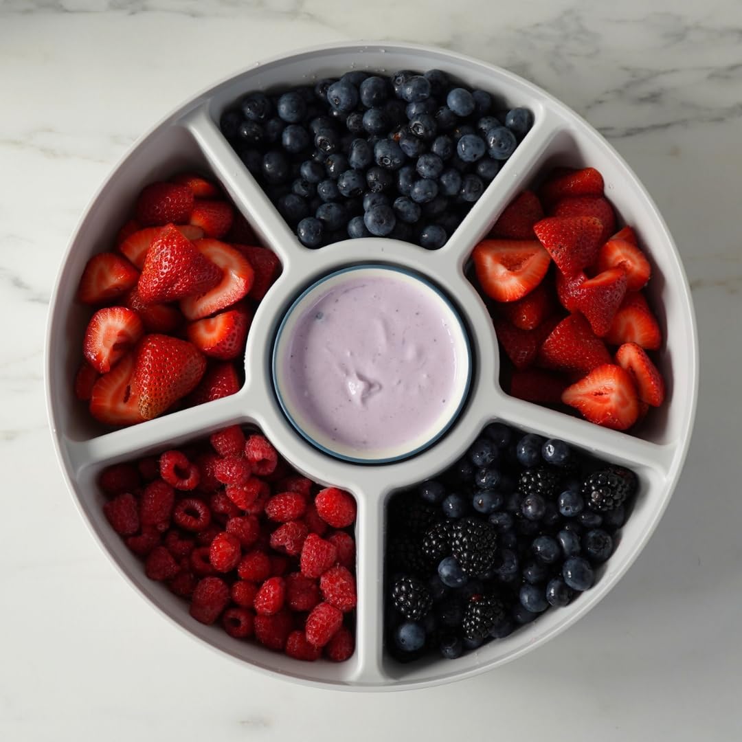 SwivelServe lid seal enhances transport of mixed snacks with secure containment.