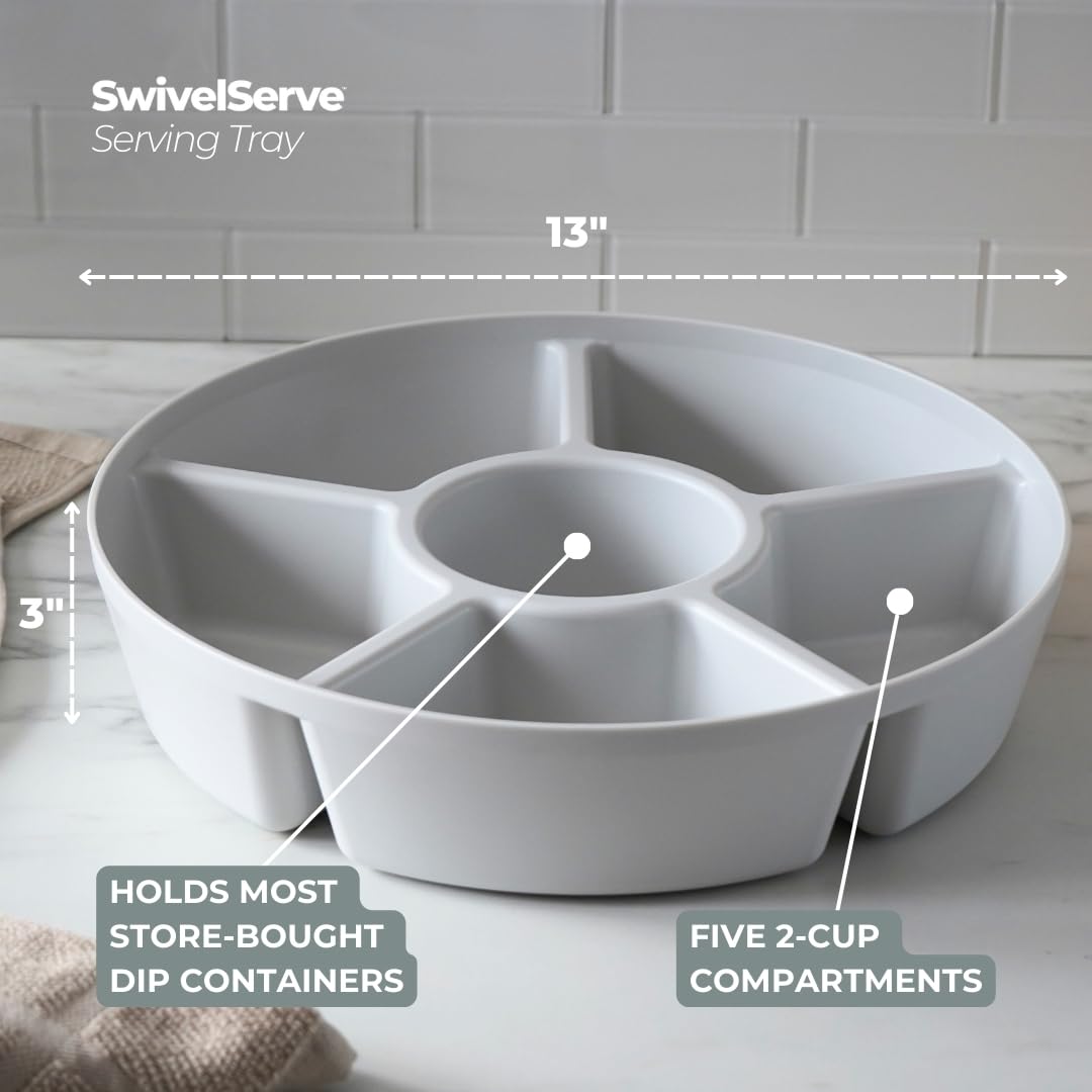 SwivelServe six-compartment tray shows organized snacking options and dips.